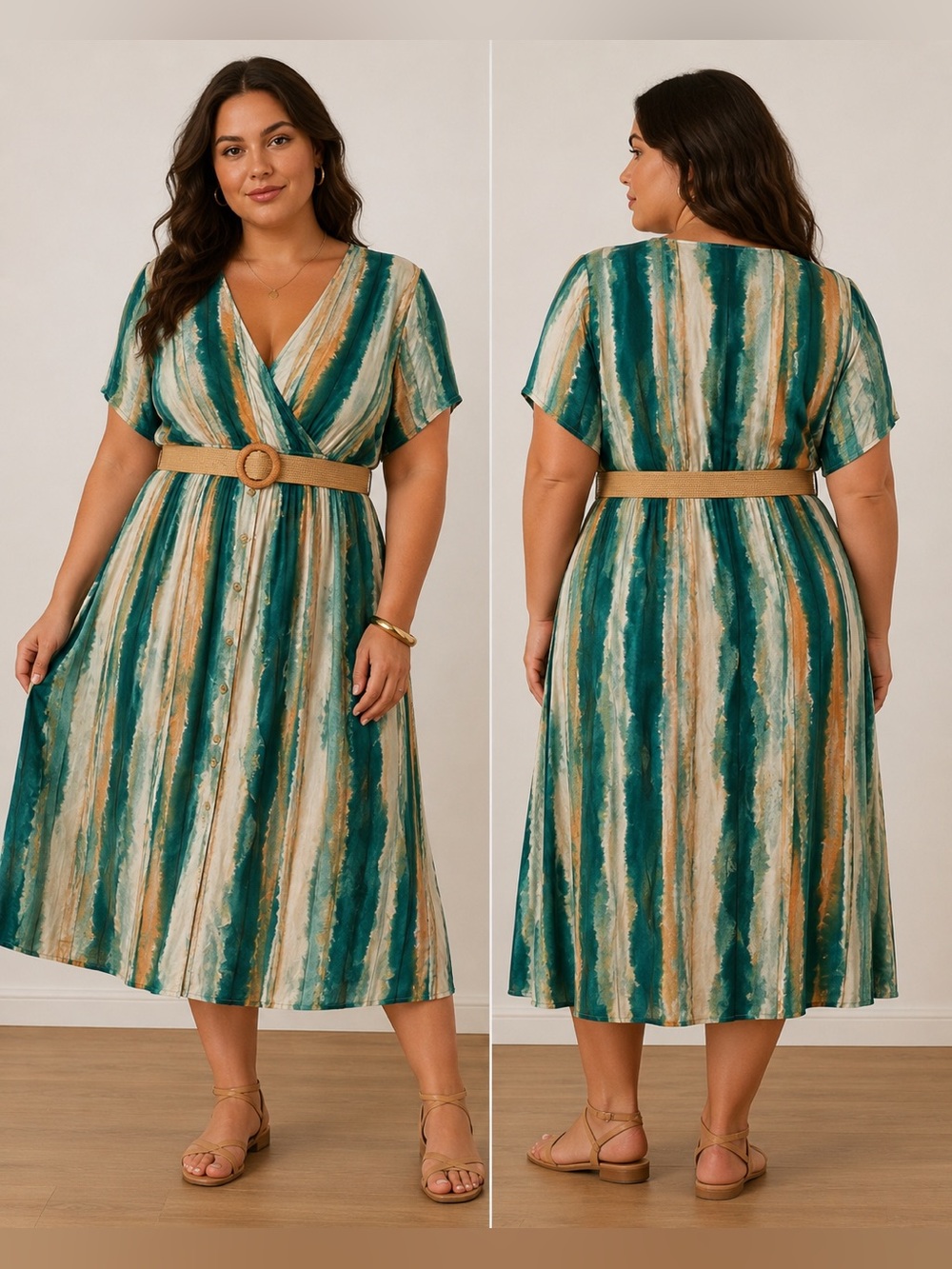 ✨ SRPEORO Chic Teal, Gold/Orange & Cream Striped Belted Midi Dress ✨